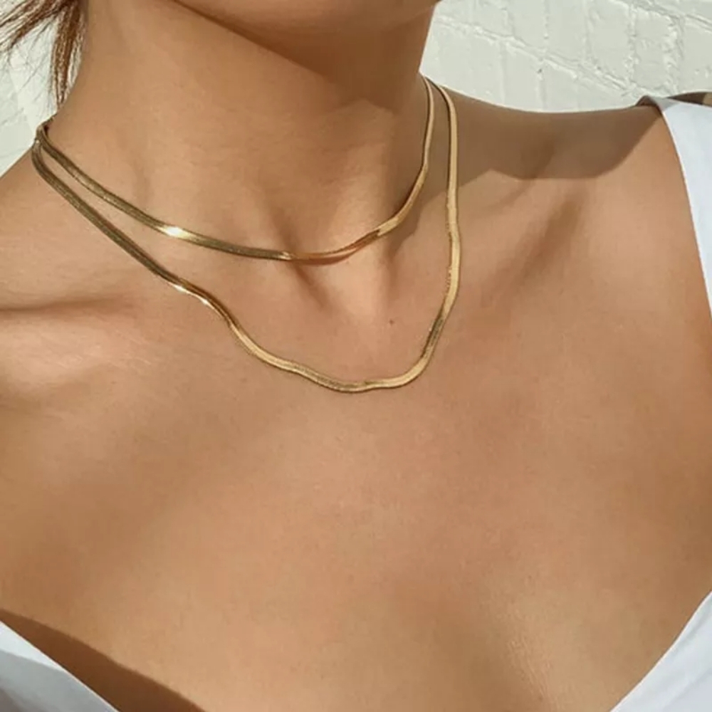 17KM Gold Color Double-Layered Snake Chain Link Choker Necklace